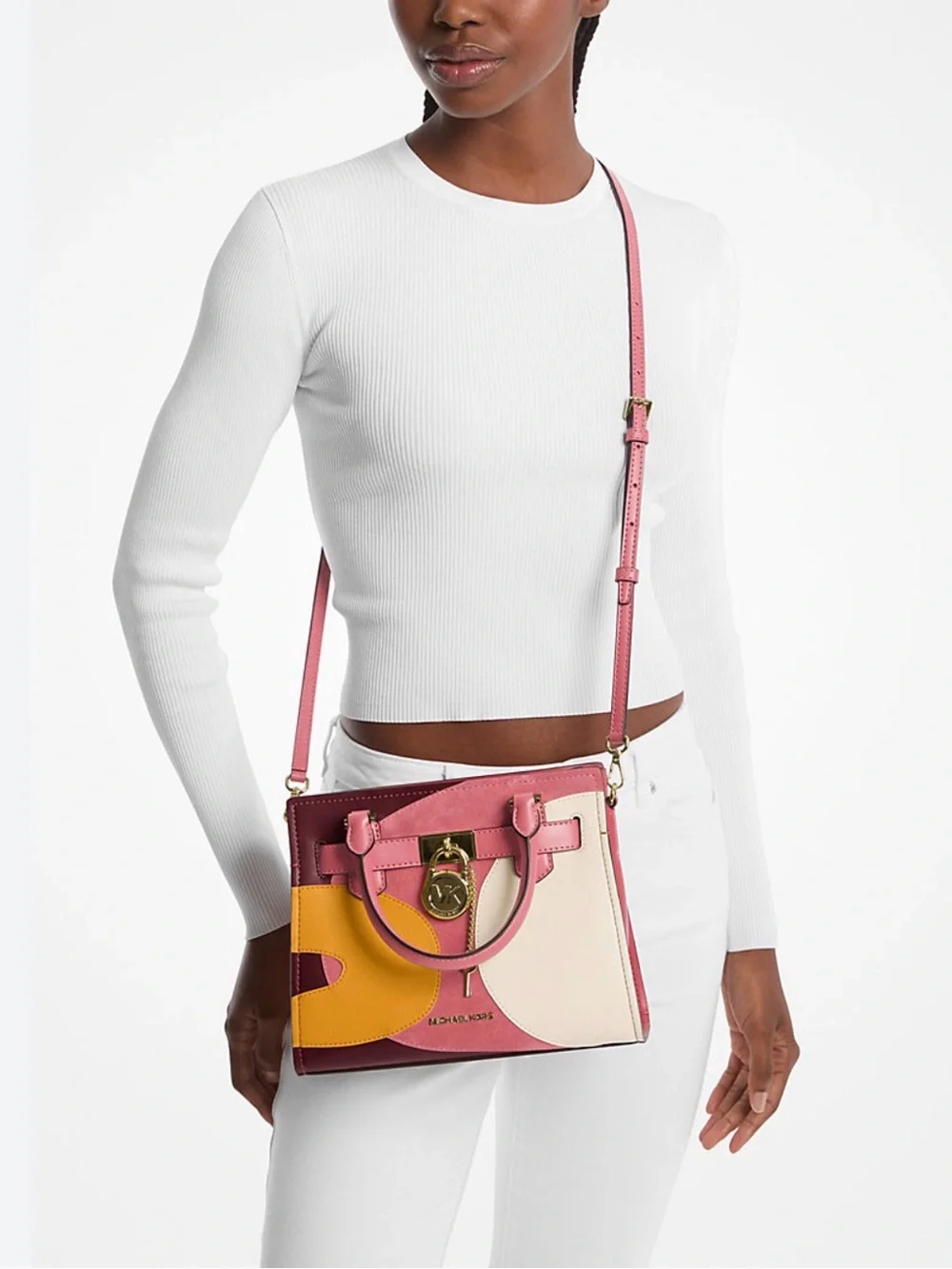 Michael Kors Hamilton Small Patchwork Satchel Gold Charm Light Berry Leather